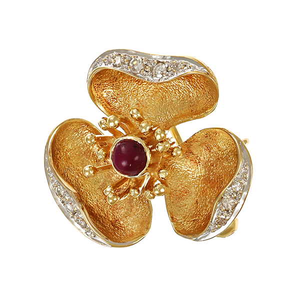 Brosche, 14K, Gelb-/Weißgold, Diamanten, Rubin