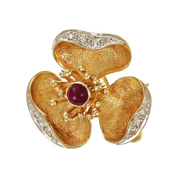 Brosche, 14K, Gelb-/Weißgold, Diamanten, Rubin