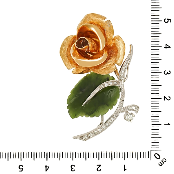 Brosche, 18K, Gelb-/Weißgold, Brillant, Diamant , Nephrit