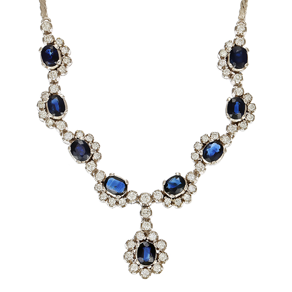 Collier, 18K, Weißgold, Brillanten, Saphire