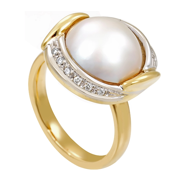 Ring, 18K, Gelb-/Weißgold, Mabeperle, Brillanten