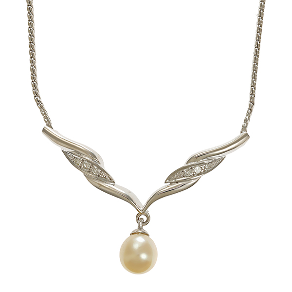 Collier, 14K, Weißgold, Perle, Diamanten