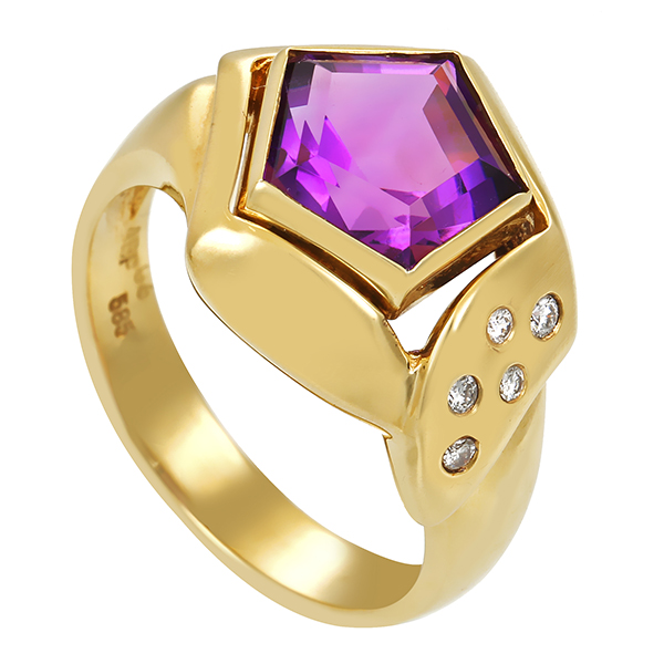 Ring, 14K, Gelbgold, Amethyst, Brillanten