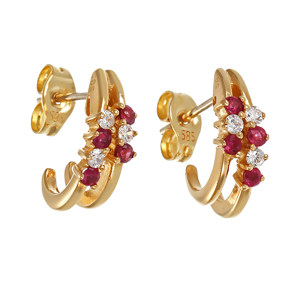 Steckcreolen, 14K, Gelbgold, Rubine, Zirkonia 