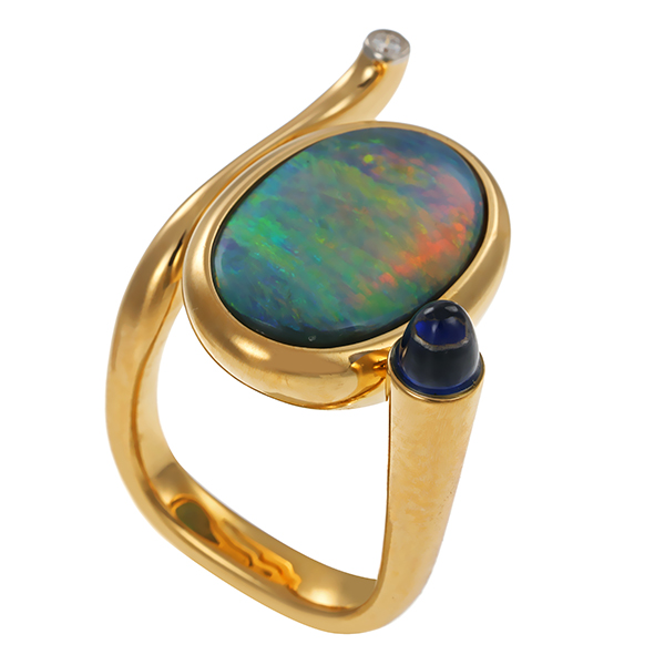 Ring, 18K, Gelbgold, Opal, Saphir, Brillant