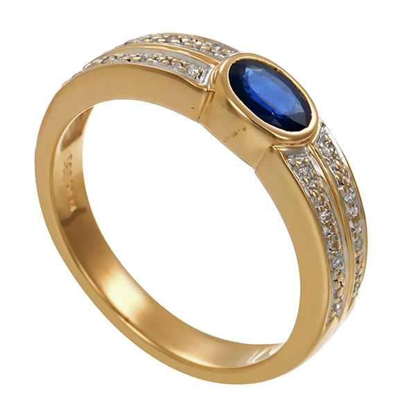 Ring, 14K, Gelbgold, Diamant, Saphir