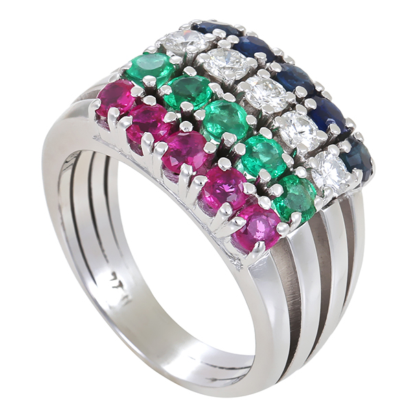 Ring, 18K, Weißgold, Rubin, Saphir, Smaragd