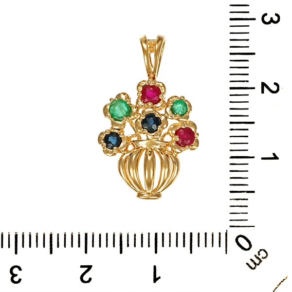 Anhänger, 14K, Gelbgold, Smaragd, Saphir, Rubin