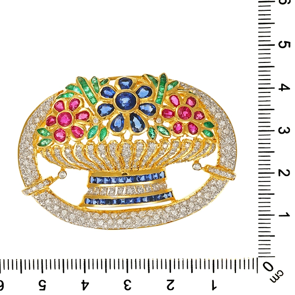 Brosche, 18K, Gelbgold, Saphir, Rubin, Smaragd, Brillanten