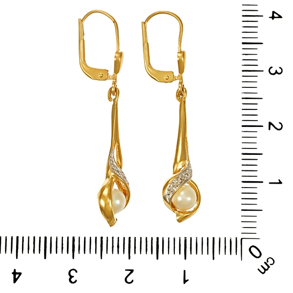 Ohrhänger, 14K, Gelb-/Weißgold, Perlen, Diamanten