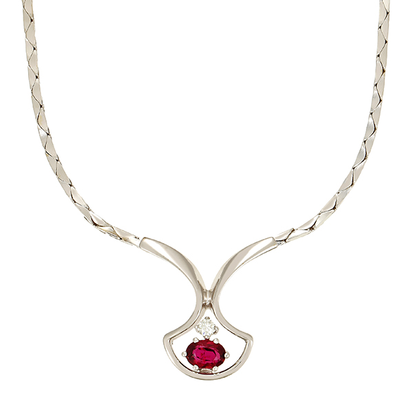 Collier, 14K, Weißgold, Rubin, Brillant