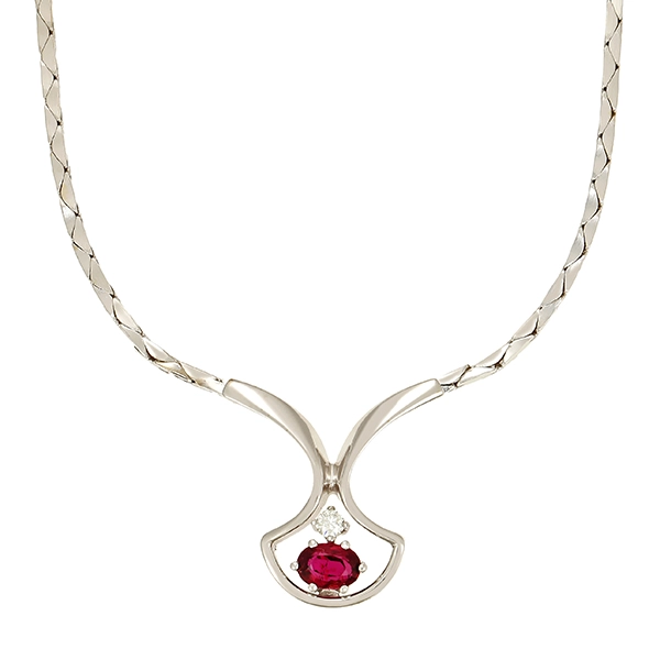 Collier, 14K, Weißgold, Rubin, Brillant