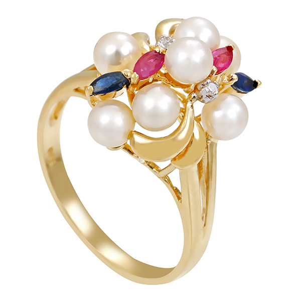 Ring, 14K, Gelbgold, Perlen, Rubine, Saphire, Brillanten