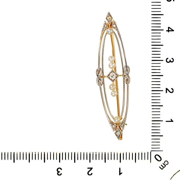 Brosche, 14K, Gelb-/Weißgold, Dia.rosen, Perlen, ArtDeco