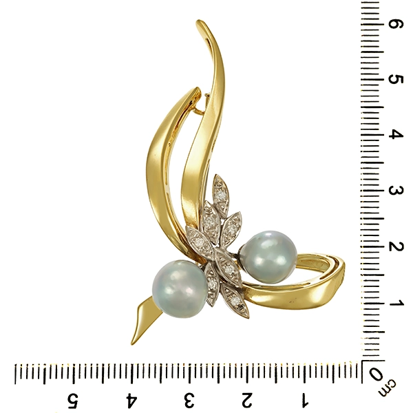 Brosche, 14K, Gelb-/Weißgold, Perlen, Brillanten