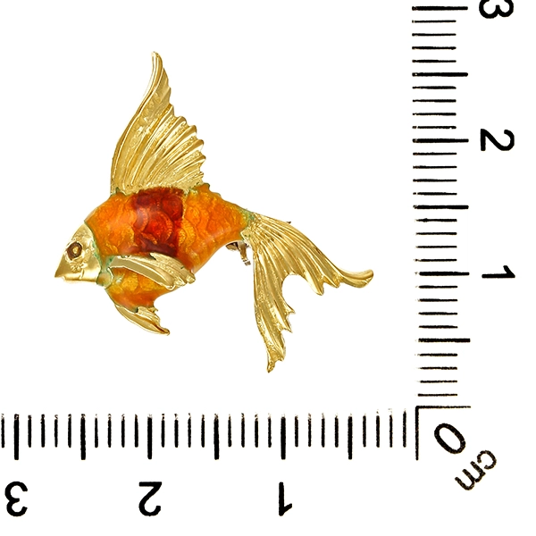 Brosche, 18K, Gelbgold, Fisch mit Emaille
