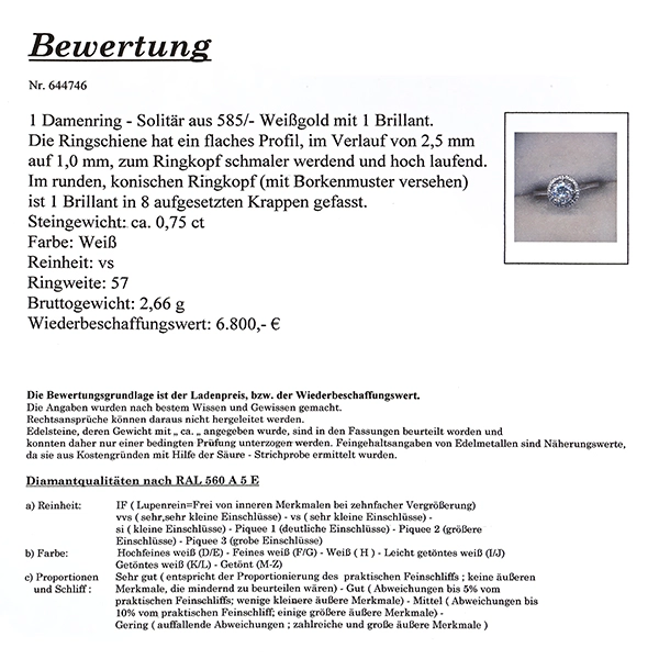 Diamantring, 14K, Weißgold, Brillant 0,75 ct