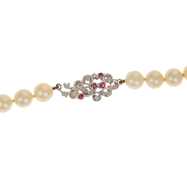 Perlenkette, 14K, Weißgold mit Rubinen, Länge 48 cm