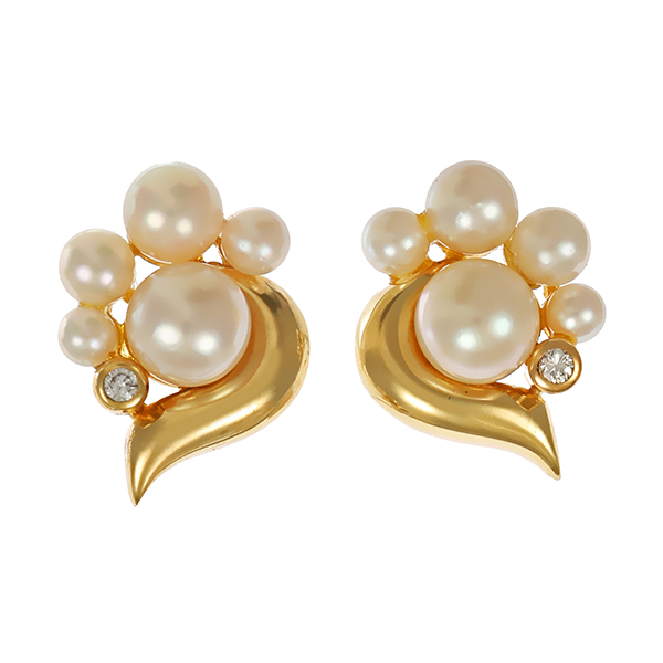 Ohrtsecker, 14K, Gelbgold, Zuchtperlen, Brillanten