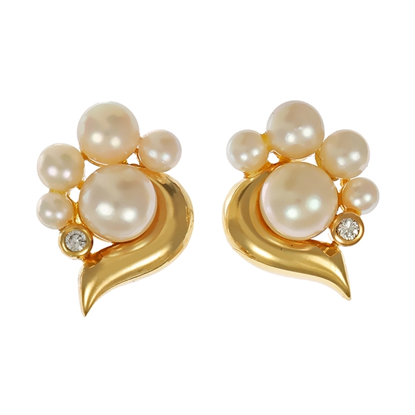 Ohrtsecker, 14K, Gelbgold, Zuchtperlen, Brillanten