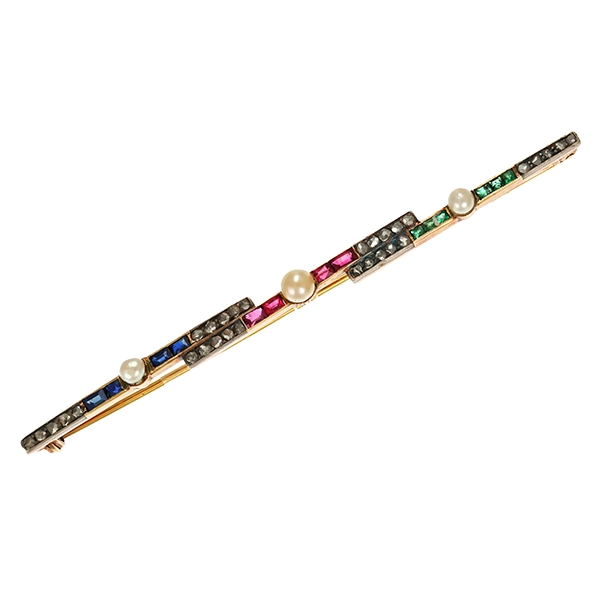 Brosche, 14K, Gelbgold, Diamantrosen, Rubin, Smaragd