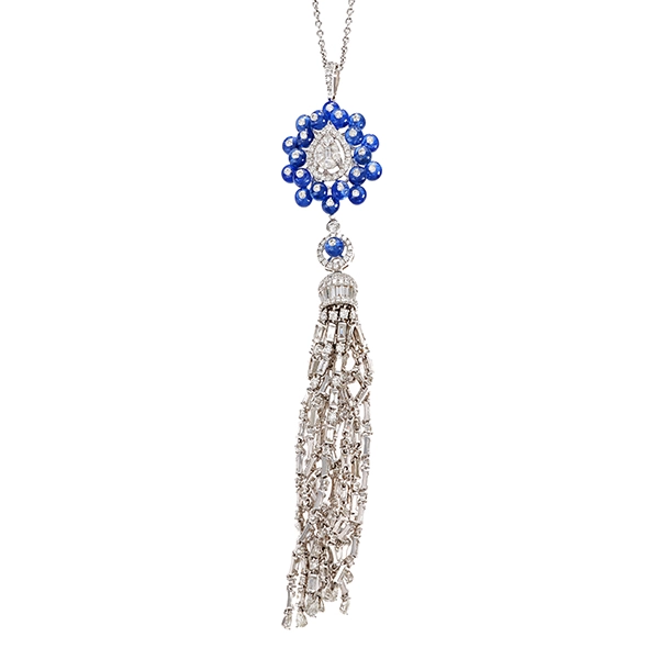 Collier, 18K, Weißgold, Saphir, Brillanten, Diamanten