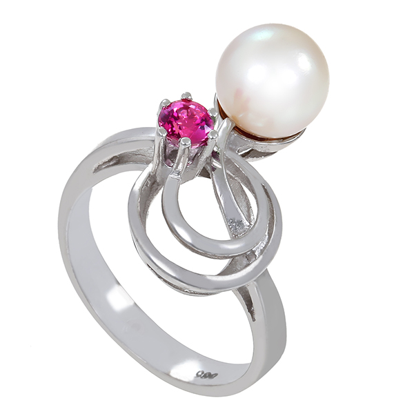 Ring, 14K, Weißgold, Rubin, Perle(n) 
