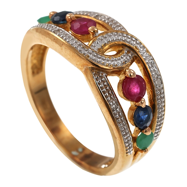 Ring, 9K, Gelbgold, Rubin, Saphir, Smaragd, zum Teil rhodiniert