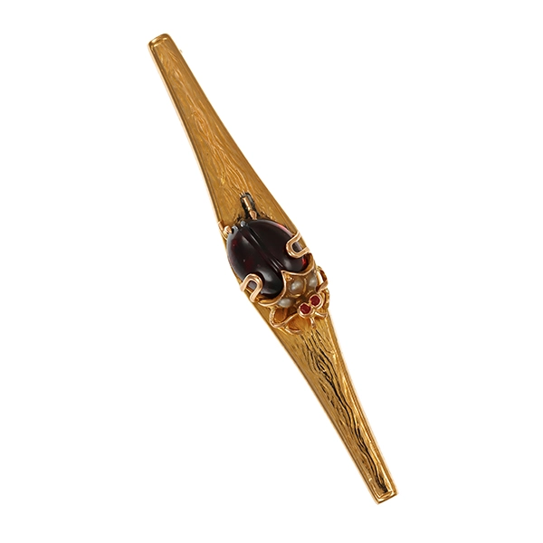 Brosche, 14K, Gelbgold, Perlen, Granat