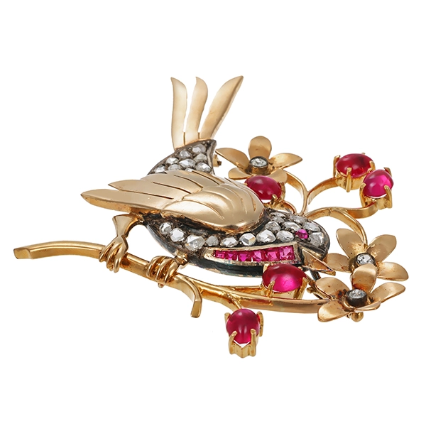 Brosche, 18K, Weiß-/Rotgold, Diamanten, synth. Rubine