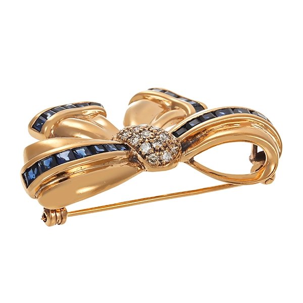 Brosche, 14K, Gelbgold, Brillant, Saphir