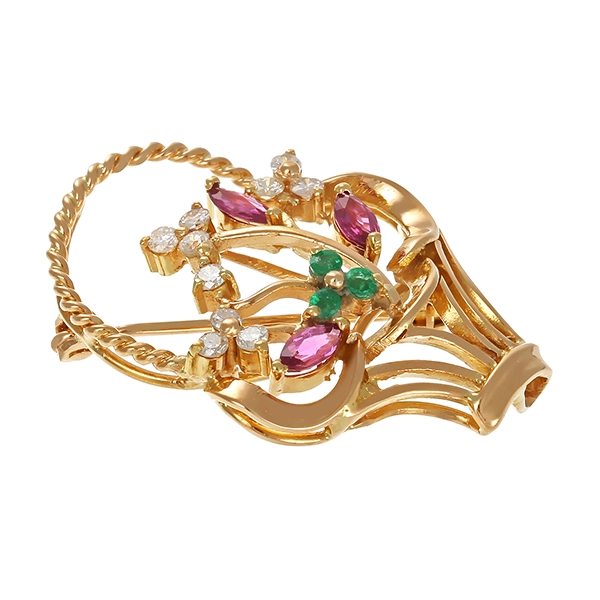 Brosche, 18K, Gelbgold, Brillant, Rubin, Smaragd
