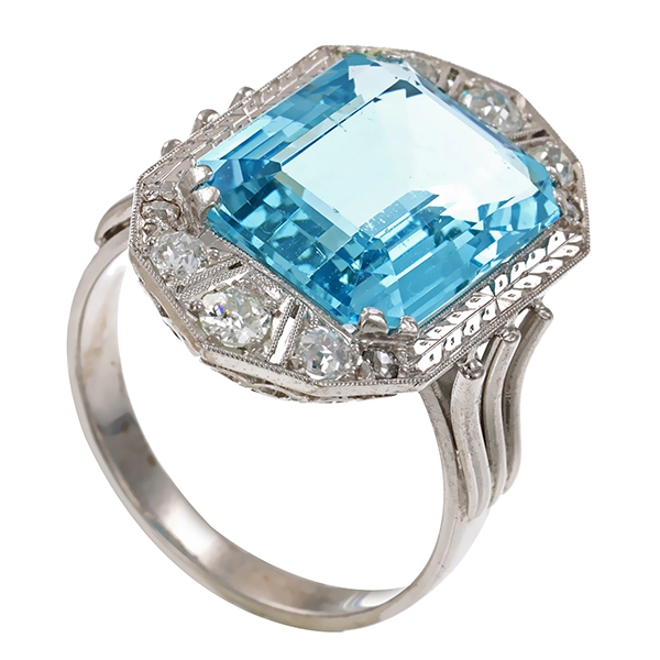 Ring, 14K, Weißgold, Aquamarin, Diamanten, Antik