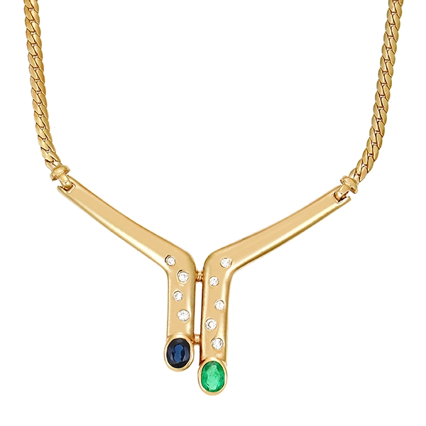 Collier, 14K, Gelbgold, Saphir, Smaragd, Brillant
