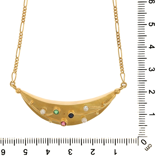 Collier, 18K, Gelbgold, Rubin, Smaragd, Saphir, Perlen
