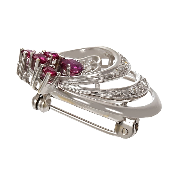 Brosche, 14K, Weißgold, Diamant, Rubin