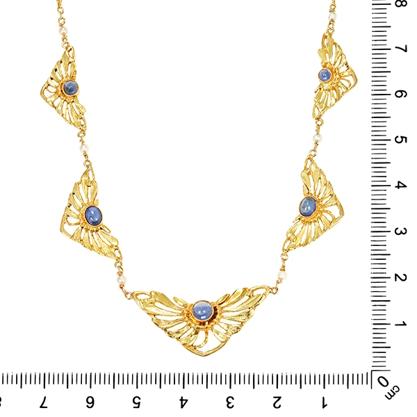 Collier, 18K, Gelbgold, Saphir, Perlen