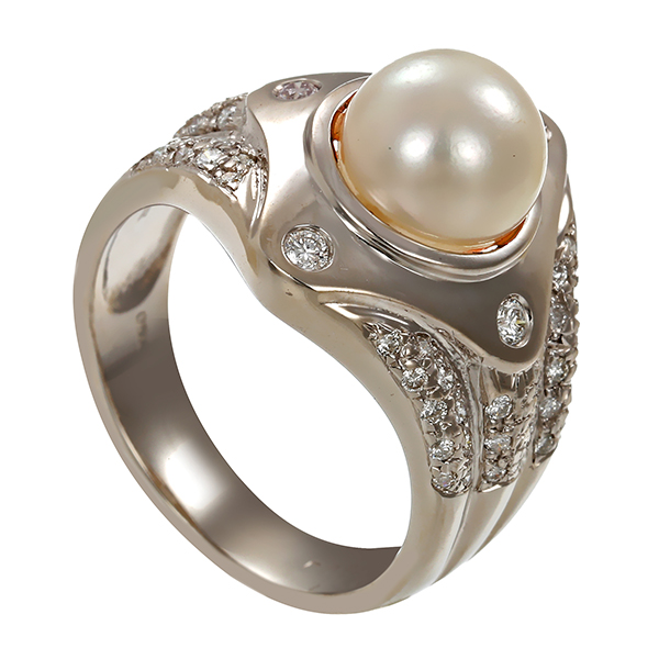 Ring, 18K, Weißgold, Perle, Brillanten 