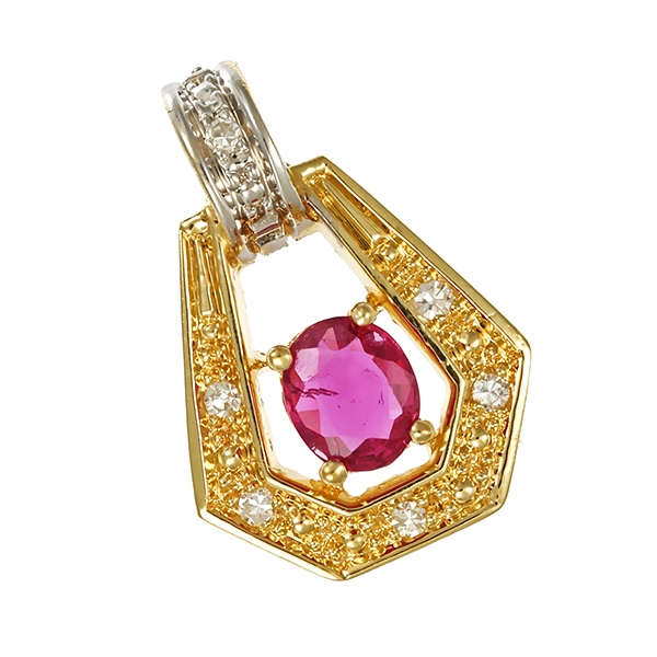 Anhänger, 14K, Gelb-/Weißgold, Rubin, Diamanten