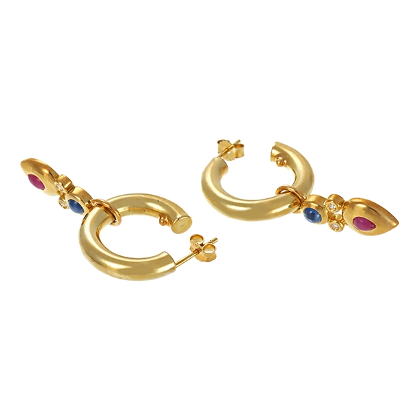 Steckcreolen, 14K, Gelbgold, Rubin, Saphir, Brillant