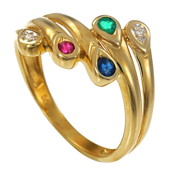 Ring, 14K, Gelbgold, Rubin, Saphir, Smaragd, Diamant