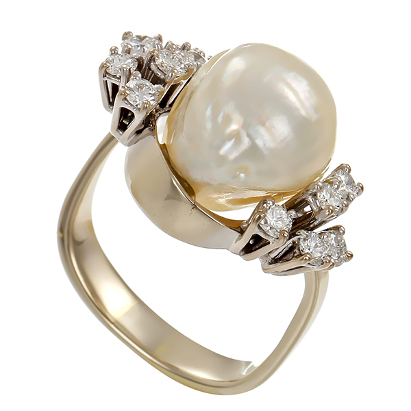 Ring, 18K, Weißgold, Perle, Brillianten 0,48 ct