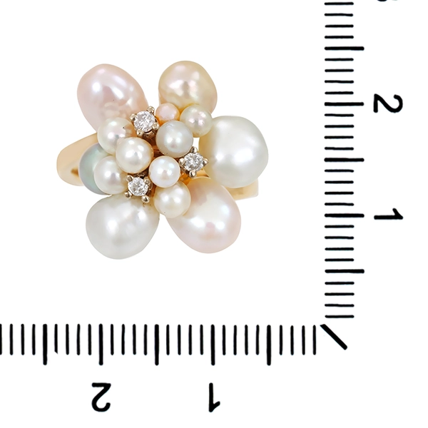 Ring, 14K, Gelbgold, Perlen, Diamanten