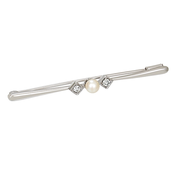 Brosche, 14K, Weißgold, Perle, Brillanten