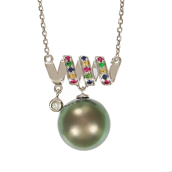 Collier, 18K, Weißgold, Zuchtperle, Brillant, Edelsteine