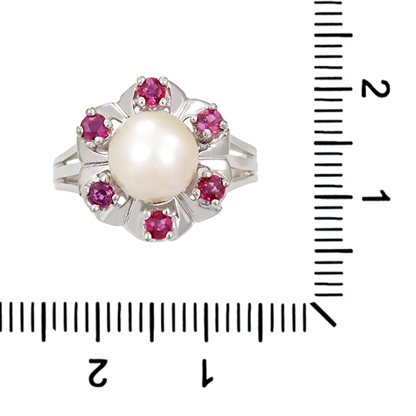 Ring, 14K, Weißgold, Perle, Rubine