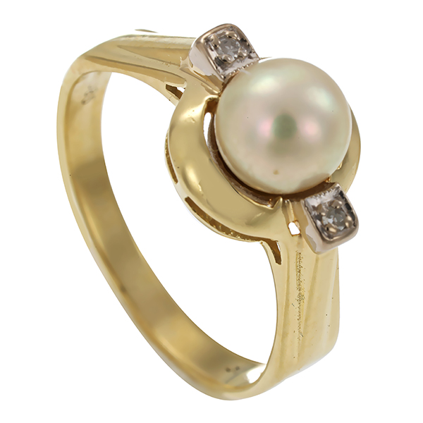 Ring, 14K, Gelb-/Weißgold. Perle, Diamanten