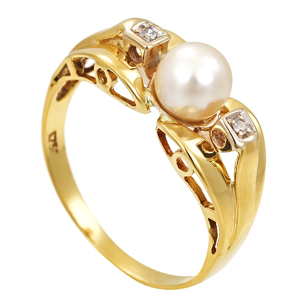 Ring, 18K, Gelbgold, Zuchtperle, Diamanten