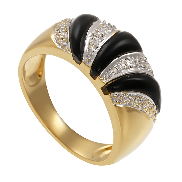 Ring, 14K, Gelbgold, 1 Onyx, 8 Diamanten 