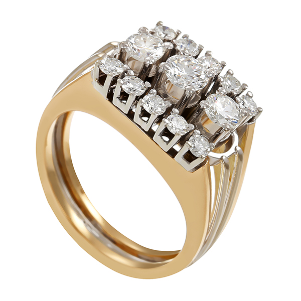 Brillanring, 14K, Gelb-/Weißgold, 3 Brillanten 0,63ct, 10 brillanten 0,40ct